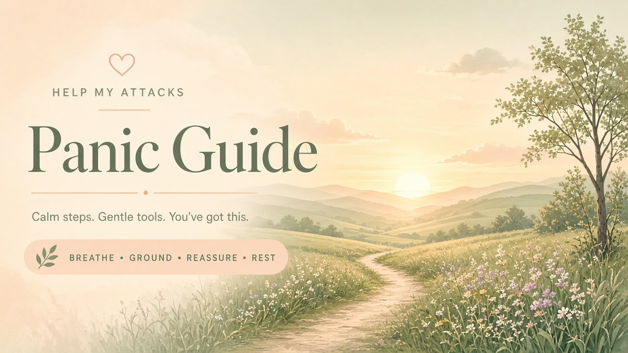 Help My Attacks Panic Guide hero: calm path toward sunrise with the words breathe, ground, reassure, rest