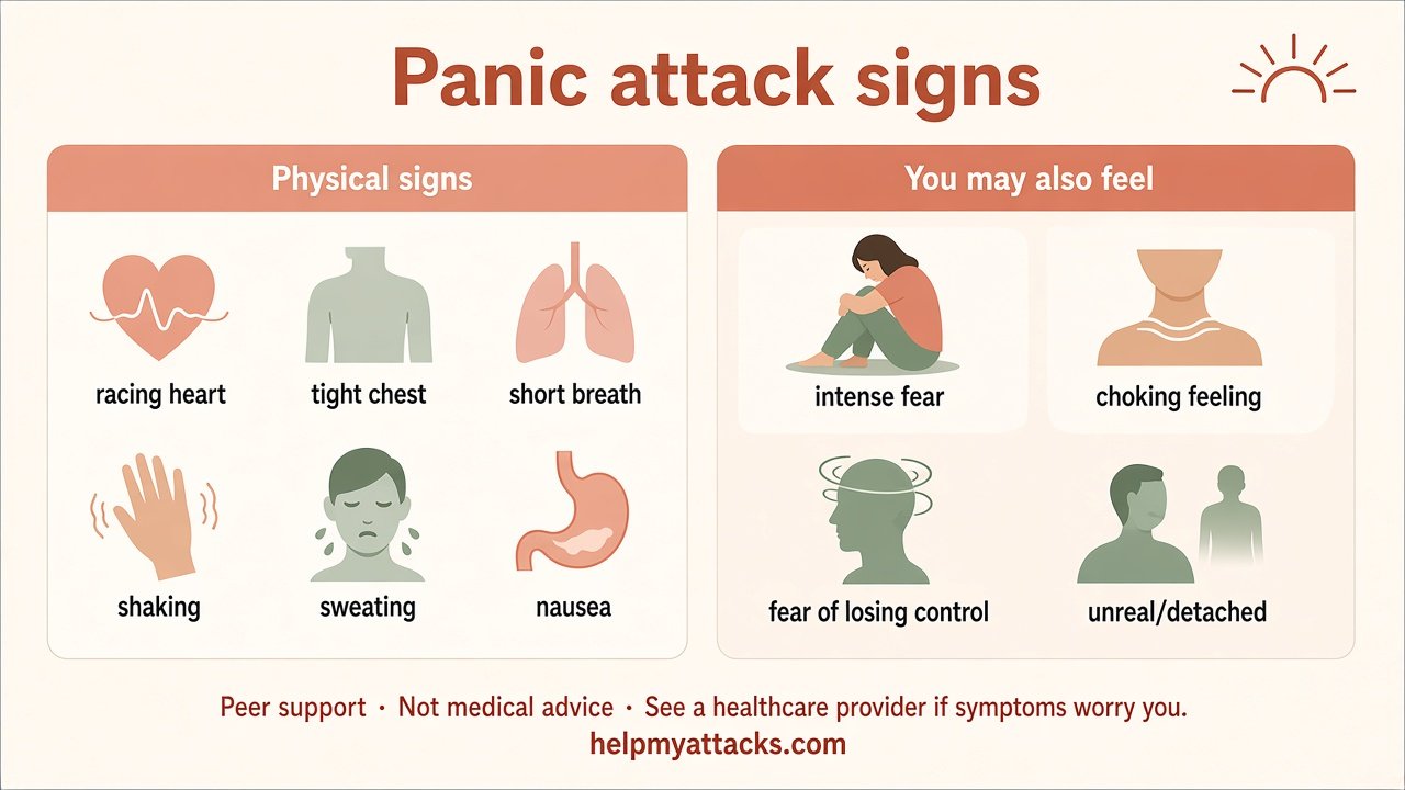 Help My Attacks infographic titled Panic attack signs: physical signs such as racing heart, tight chest, short breath, shaking, sweating, and nausea; and feelings such as intense fear, choking feeling, fear of losing control, and unreal or detached