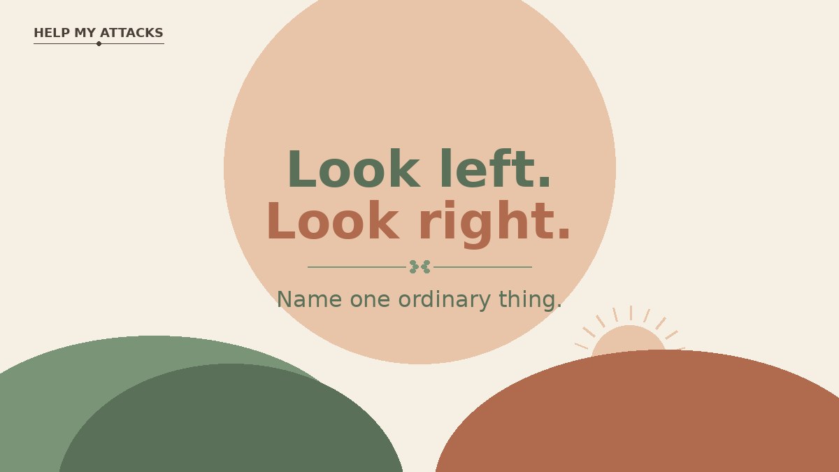 Calm reminder to look left, look right, and name one ordinary thing during a panic attack
