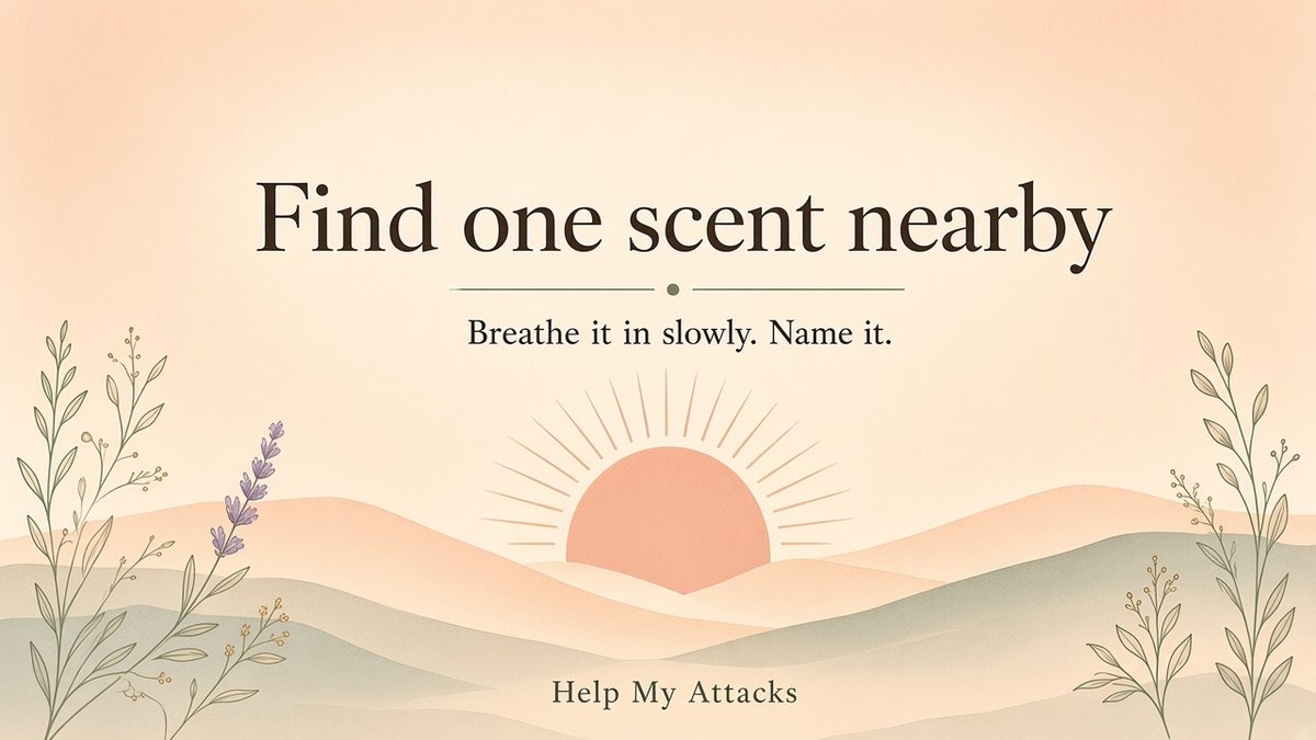 Painted watercolor sunrise card that reads Find one scent nearby. Breathe it in slowly. Name it.
