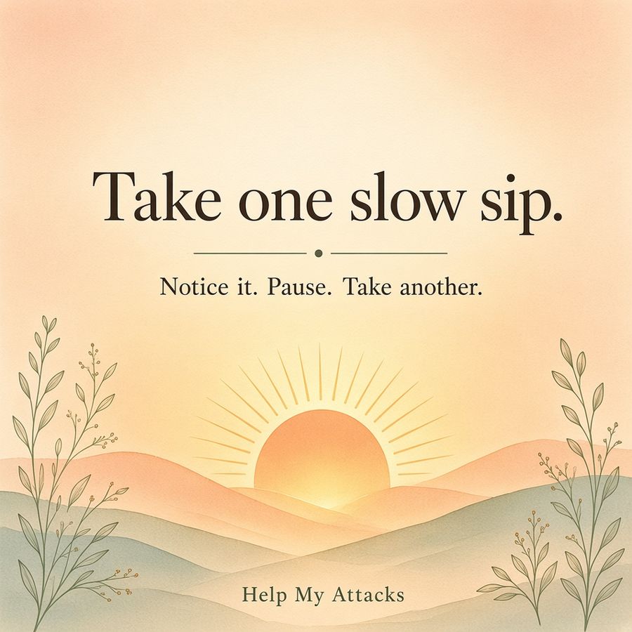 Painted watercolor sunrise card that reads Take one slow sip. Notice it. Pause. Take another.