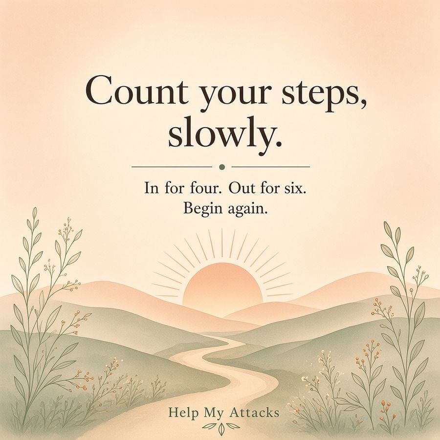 Painted watercolor sunrise over rolling hills and a winding path, with a card that reads Count your steps, slowly. In for four. Out for six. Begin again.