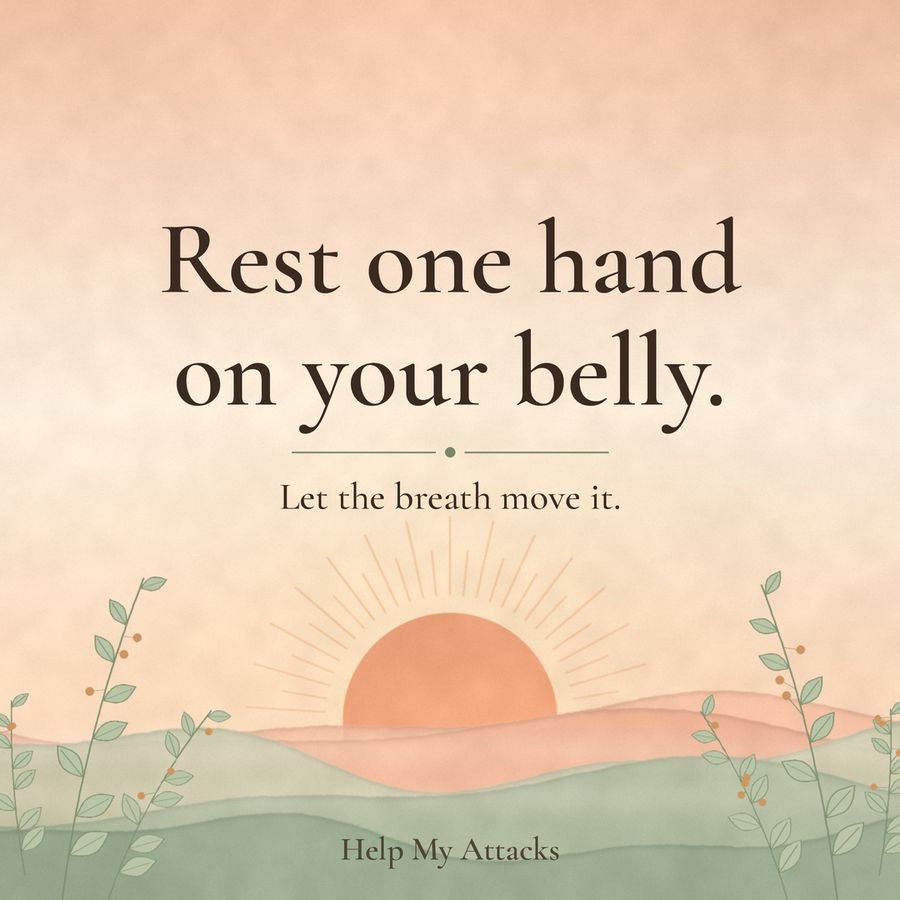 Painted watercolor sunrise over rolling misty hills with botanical sprigs, and a card that reads Rest one hand on your belly. Let the breath move it.