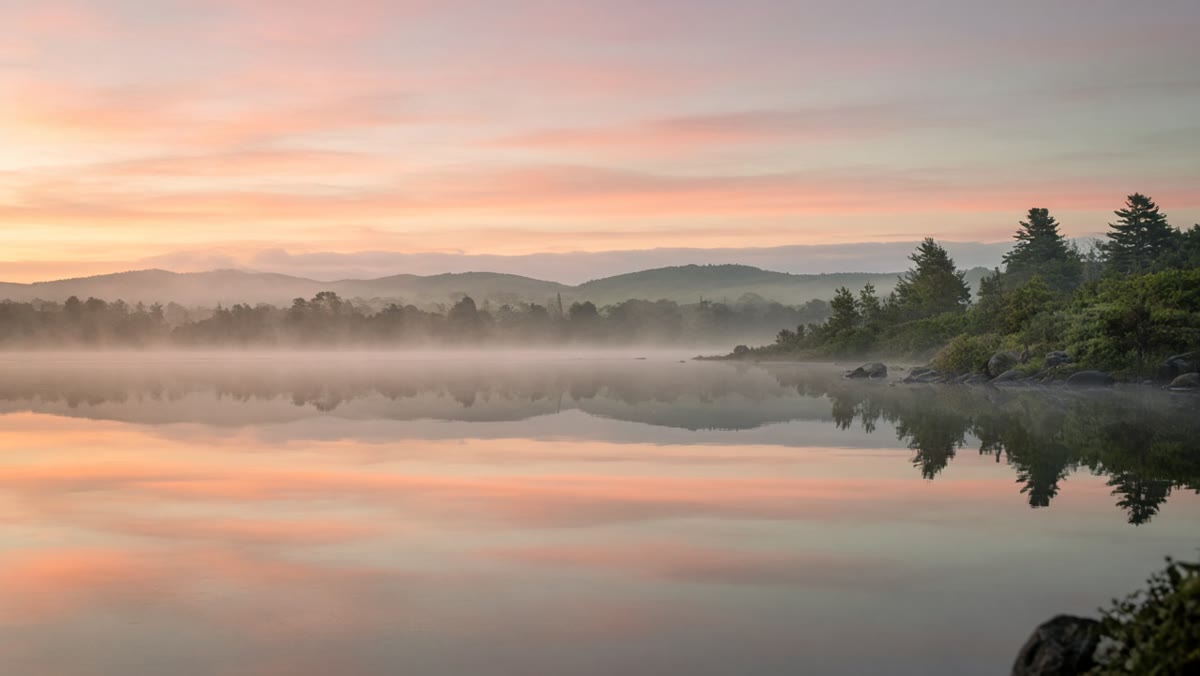 Misty lake at dawn reflecting soft sky