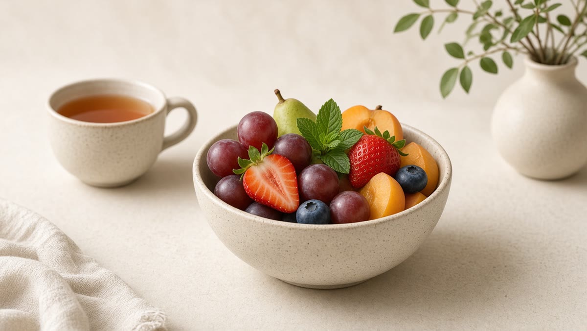 Fruit bowl and herbal tea as gentle comfort
