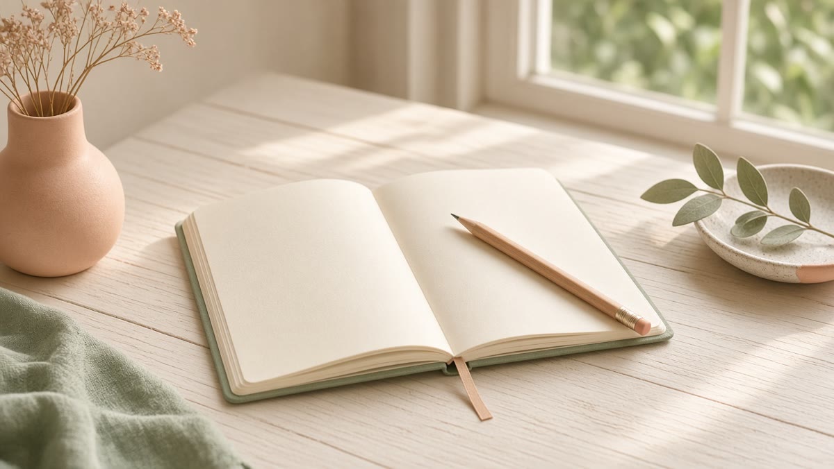 Open blank journal on a sunlit desk